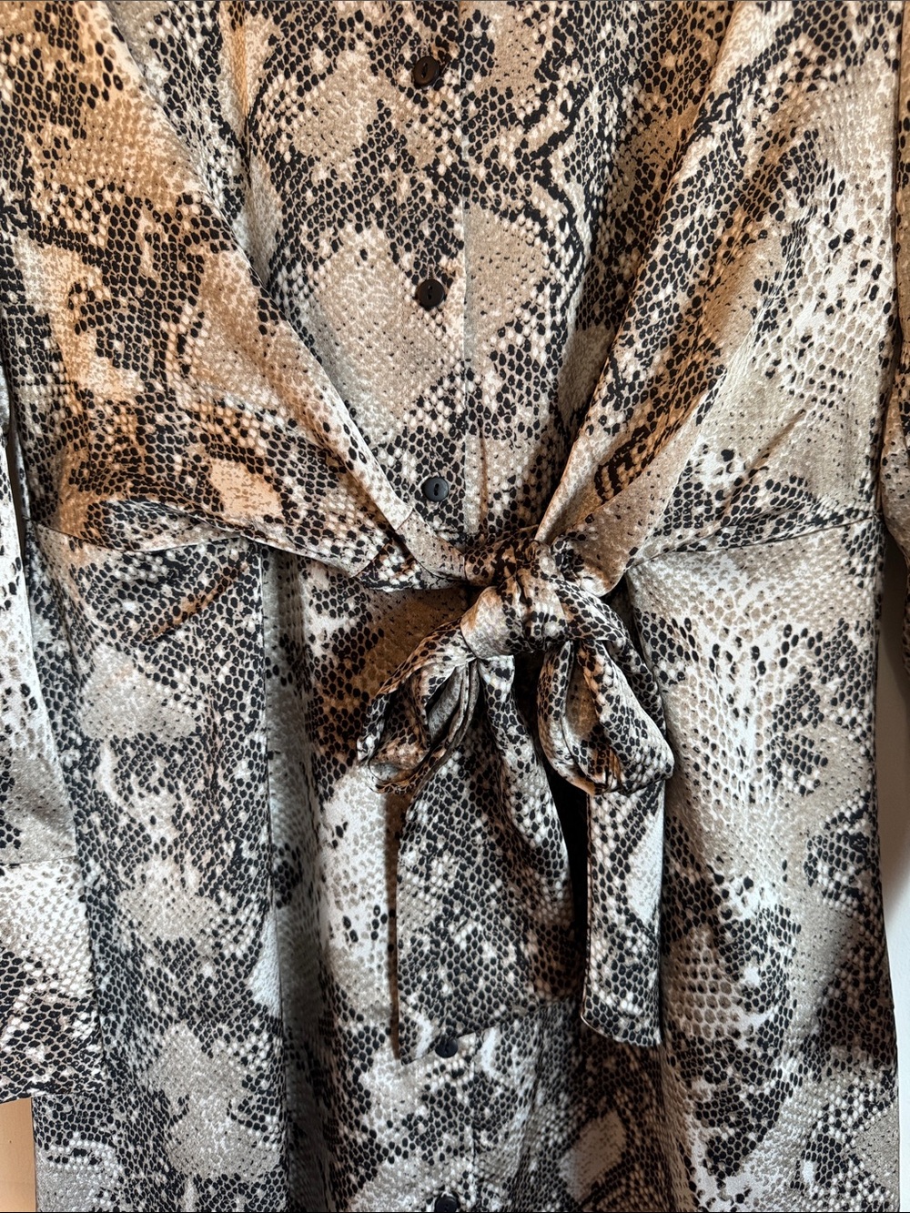 EUC MNG Neutral Snake-Print Button Down Tie-Waist Dress Elastic Back Waist - Picture 6 of 14